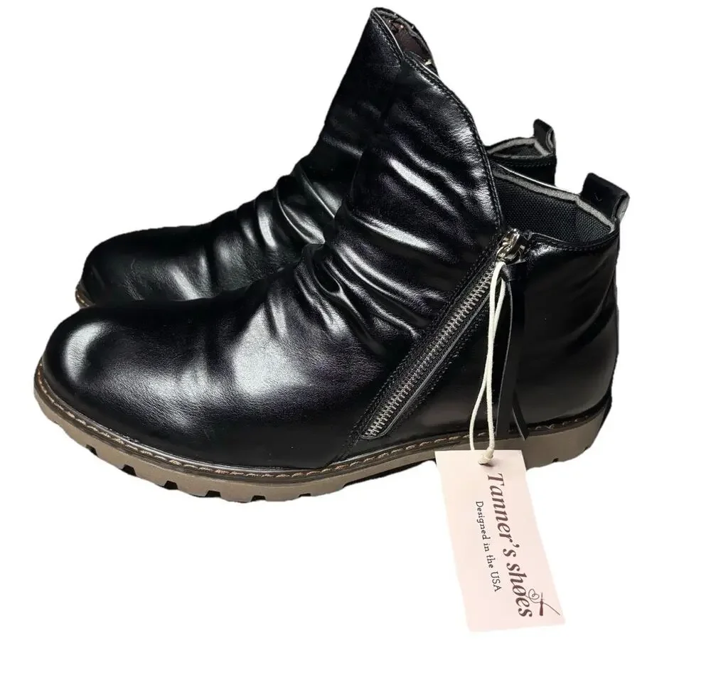 Tanner’s Black Leather Ankle Boots Side Zip Men’s Size 14 / EU 48 New Condition